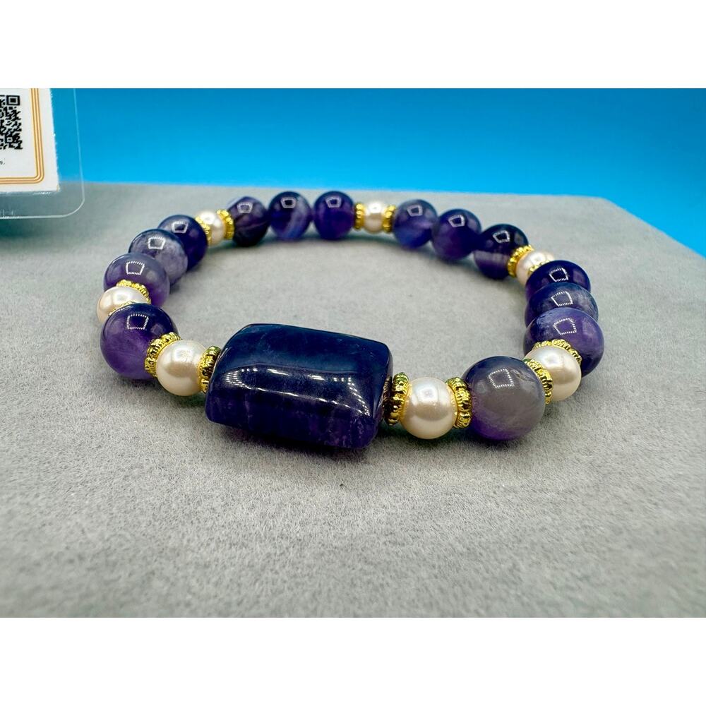 Natural Amethyst & Pearl Beaded Bracelet– w/ Certificate - Picture 8 of 8
